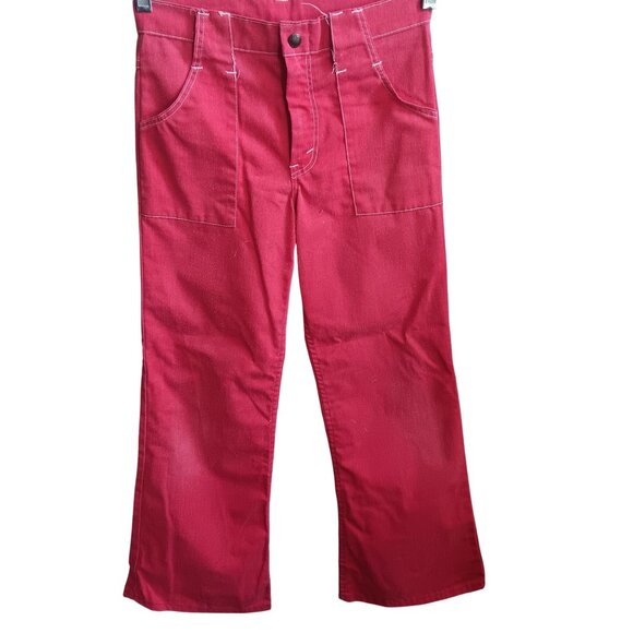 26x26 Vintage 70's Red Hippy Cotton Flare Pants With Patch Pockets Bellbottom - Picture 1 of 7